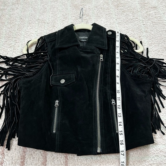 Bebe Black Suede Fringe Moto Western Vest Size Small Asymmetric Zip Bike Week - Picture 9 of 13